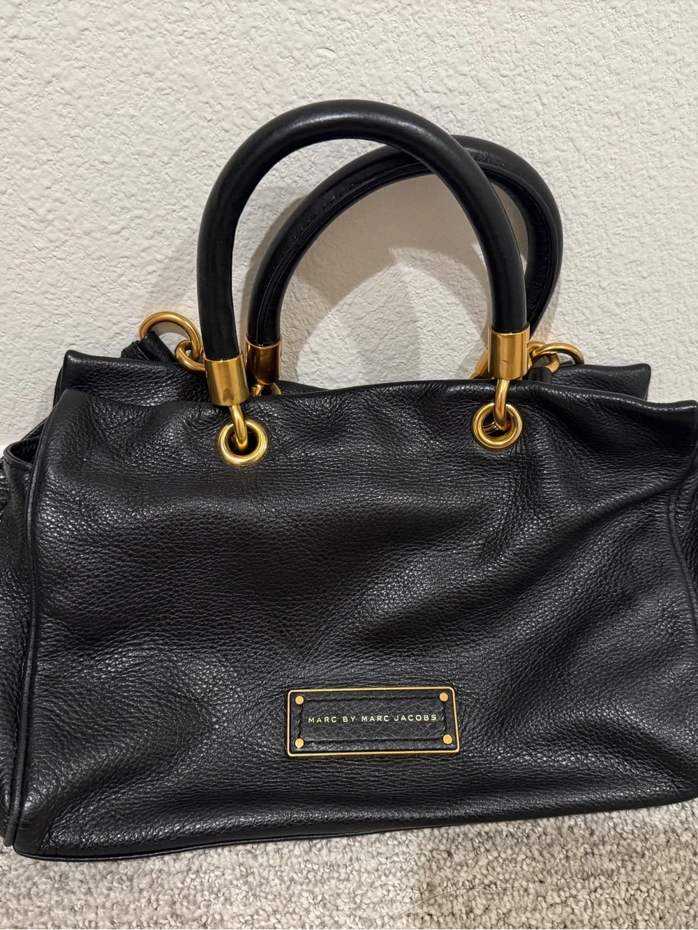 Marc by Marc Jacobs Black Leather Satchel with Gold Hardware Accents